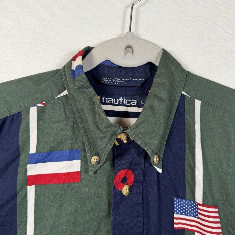 Nautica Vintage 90s Sailing Flags Shirt L Button Down Nautical Maritime Cotton - Picture 7 of 12